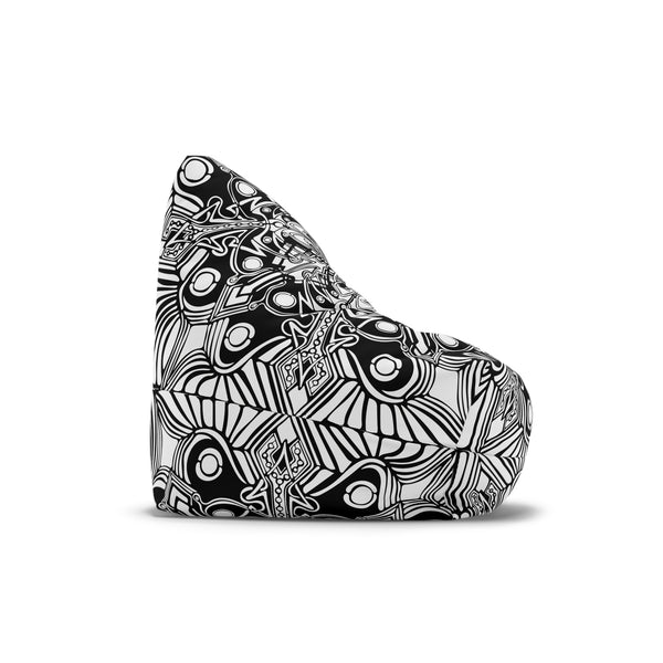 The Sand Vandal Bean Bag Chair Cover features a durable black and white cover adorned with an intricate abstract geometric and organic pattern, shown against a plain white background.