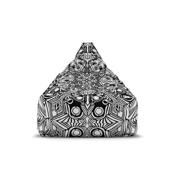 The Sand Vandal Bean Bag Chair Cover features intricate black and white symmetrical geometric and abstract patterns, shown from the front against a white background.