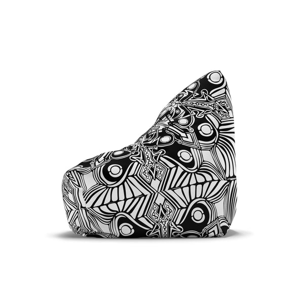 The Sand Vandal Bean Bag Chair Cover is shown in black and white with an abstract, geometric, tribal-inspired pattern against a plain white background, viewed from the side.