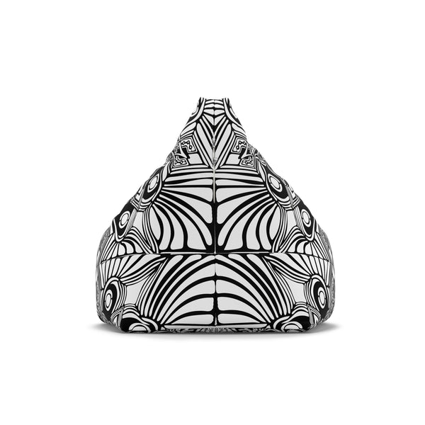 The Sand Vandal Bean Bag Chair Cover is black and white with bold, symmetrical geometric and abstract patterns on the entire front surface.